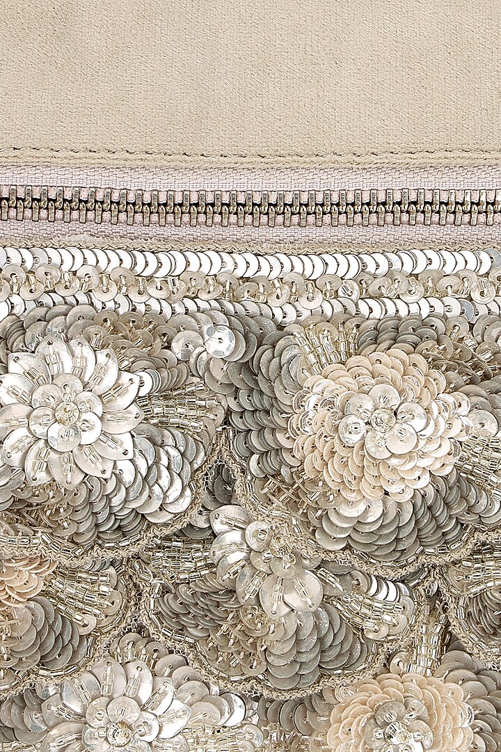 Beige Suede Sequins Embroidered Pouch Bag by Aanchal Sayal at Pernia's Pop Up Shop