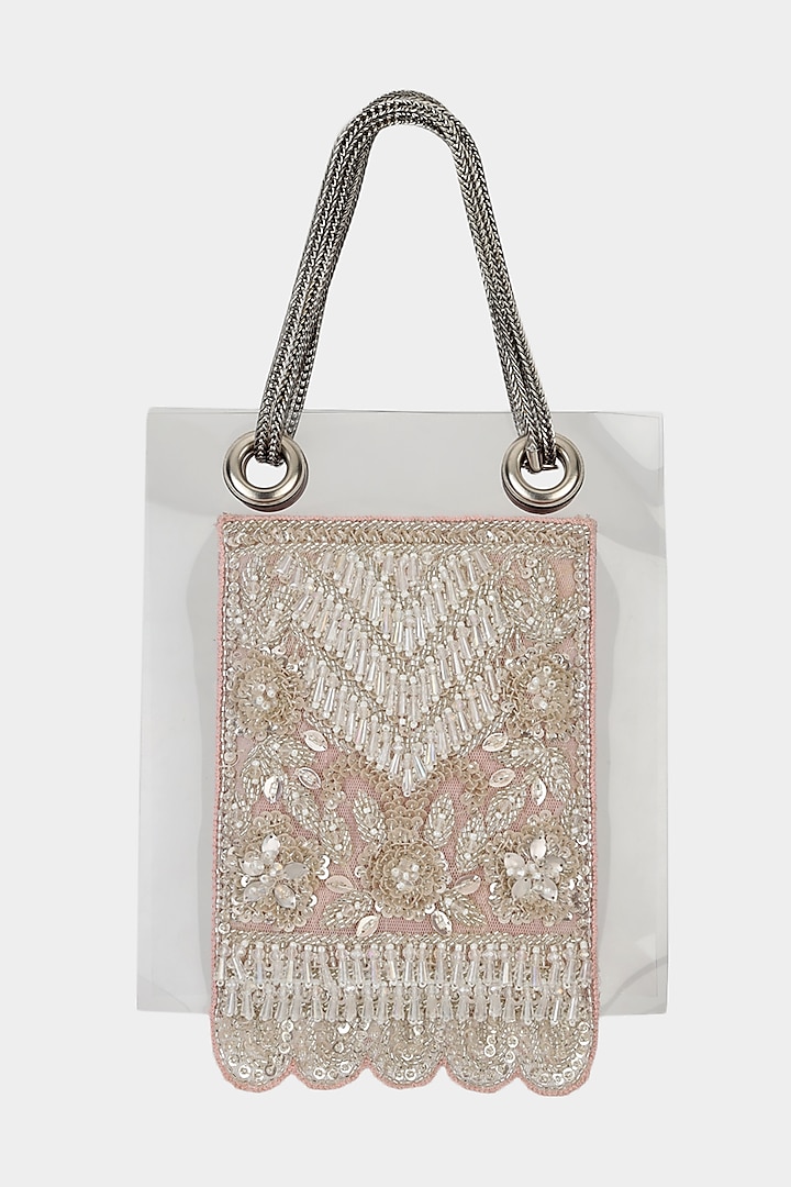 Pink Net Fabric Embroidered Structured Bag by Aanchal Sayal at Pernia's Pop Up Shop