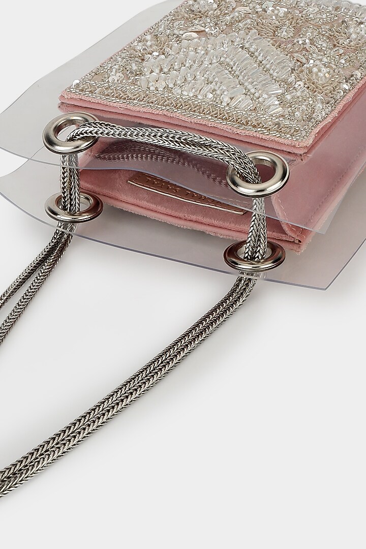 Pink Net Fabric Embroidered Structured Bag by Aanchal Sayal at Pernia's Pop Up Shop