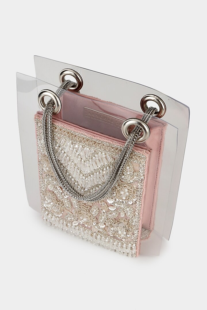 Pink Net Fabric Embroidered Structured Bag by Aanchal Sayal at Pernia's Pop Up Shop