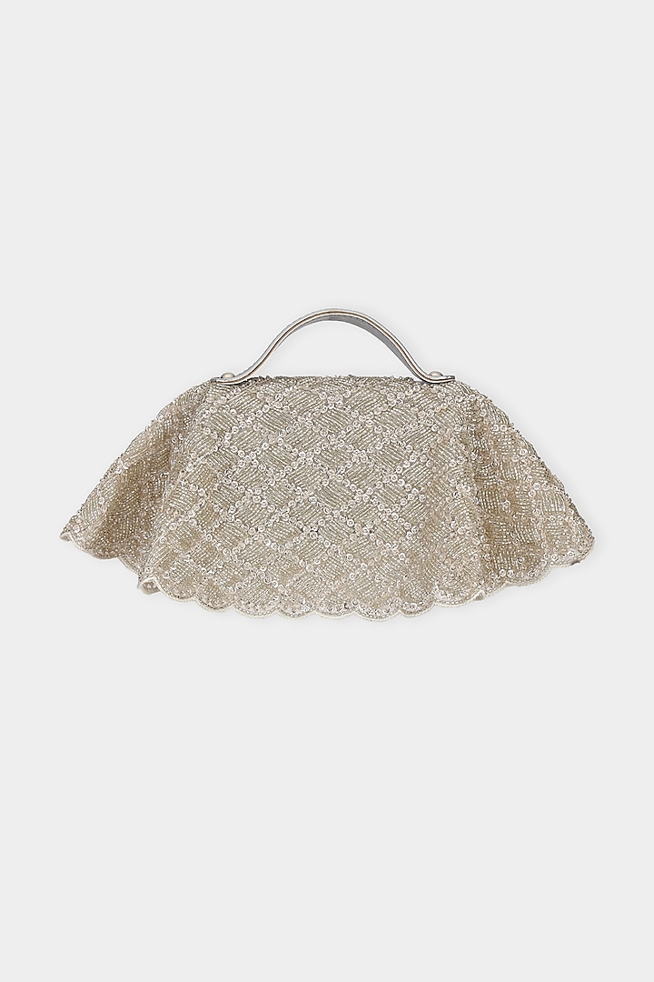 Silver Net Fabric Cutdana Embroidered Structured Bag by Aanchal Sayal at Pernia's Pop Up Shop