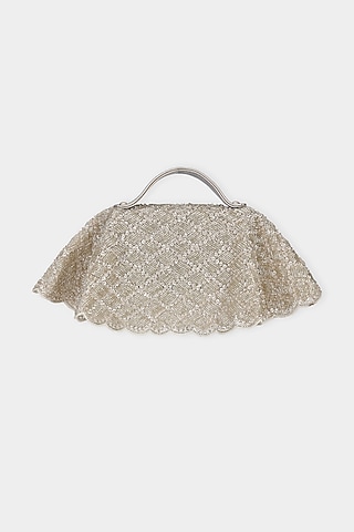 Silver Net Fabric Cutdana Embroidered Structured Bag by Aanchal Sayal