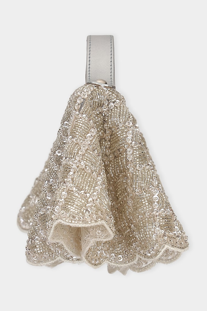 Silver Net Fabric Cutdana Embroidered Structured Bag by Aanchal Sayal at Pernia's Pop Up Shop