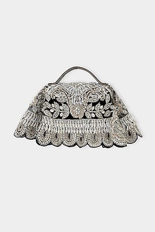 Black & Silver Net Fabric Cutdana Embroidered Structured Bag by Aanchal Sayal
