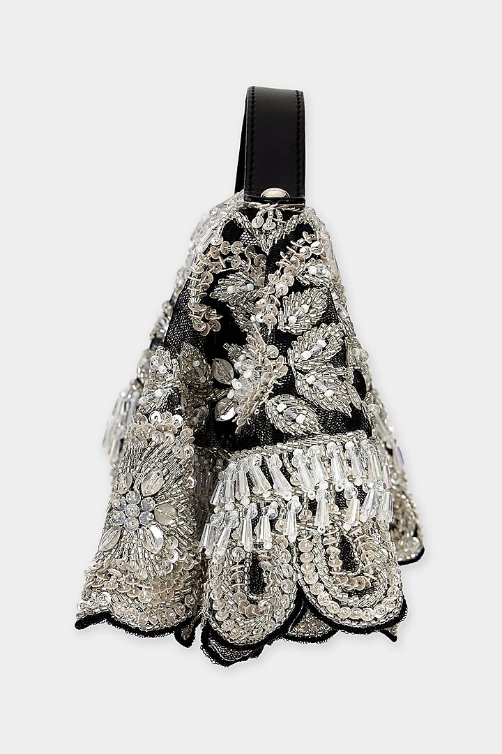 Black & Silver Net Fabric Cutdana Embroidered Structured Bag by Aanchal Sayal at Pernia's Pop Up Shop
