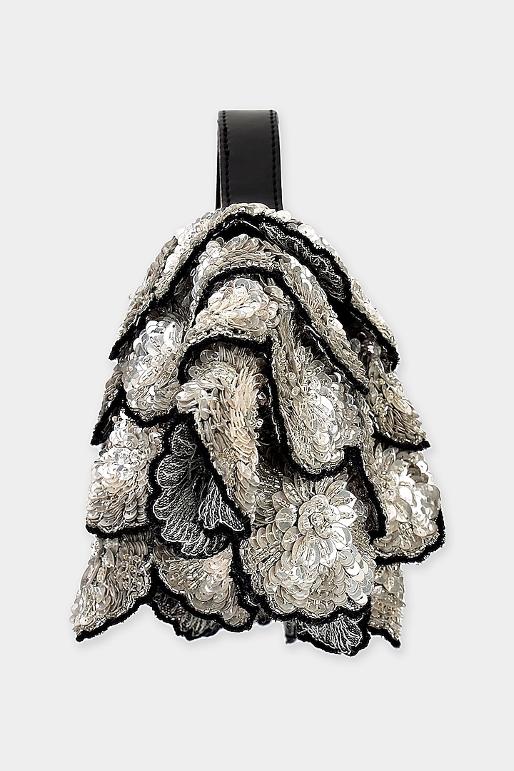 Black & Silver Net Fabric Cutdana Embroidered Structured Bag by Aanchal Sayal at Pernia's Pop Up Shop