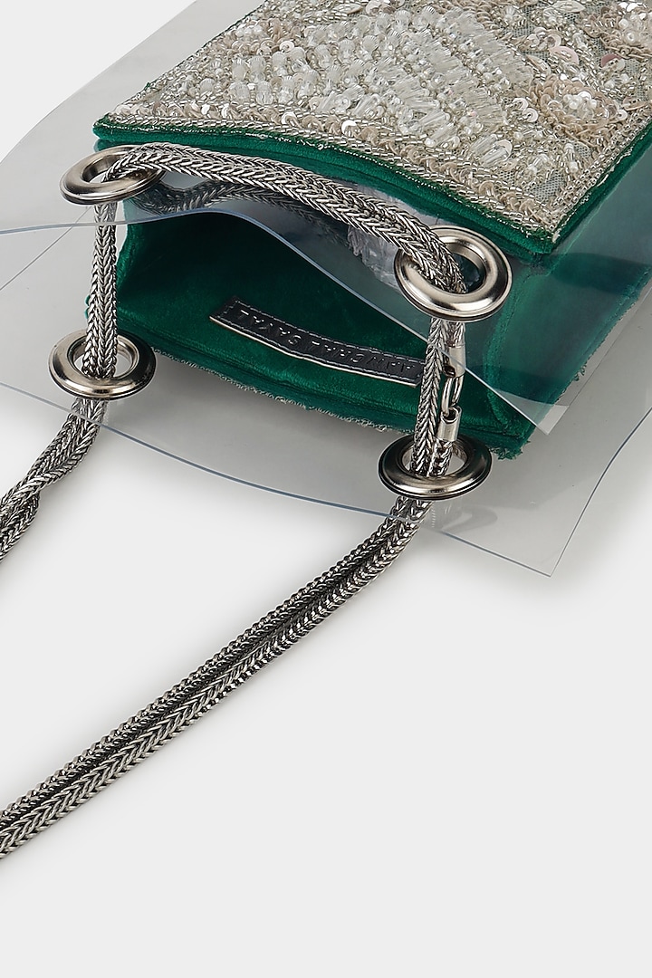 Emerald Green Net Fabric Embroidered Structured Bag by Aanchal Sayal at Pernia's Pop Up Shop