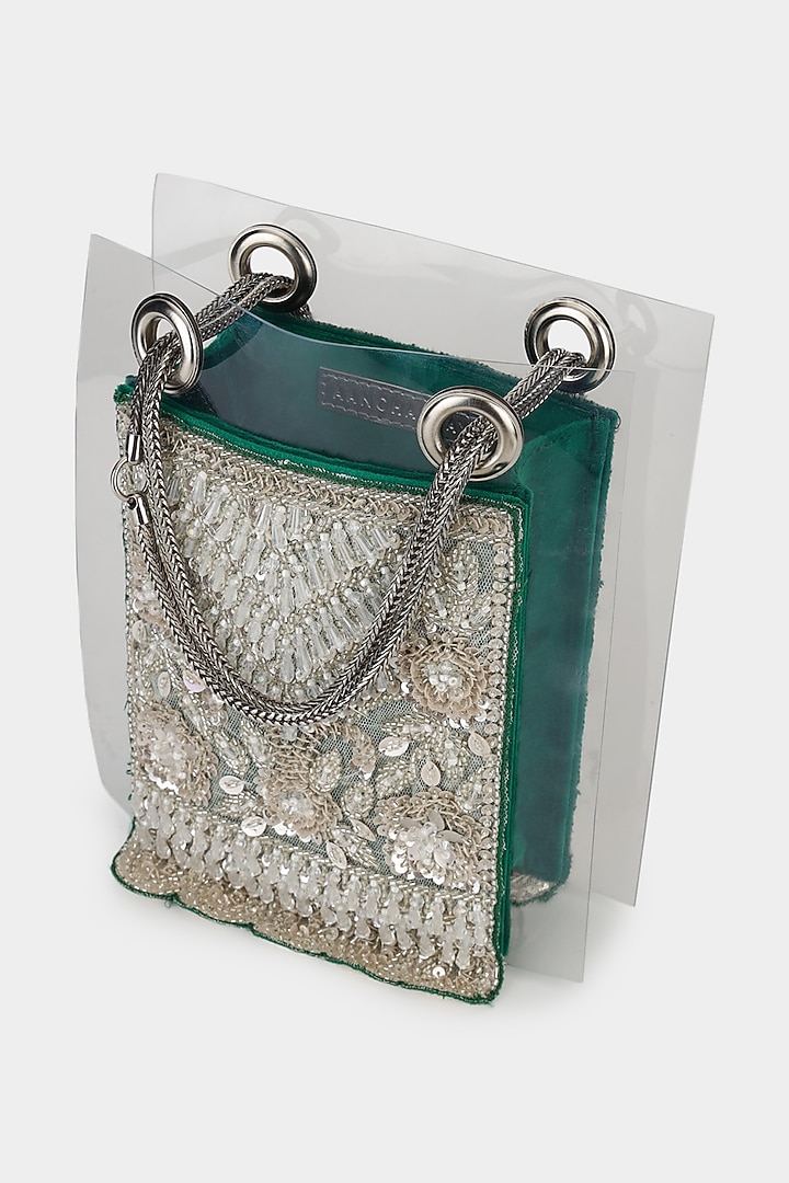 Emerald Green Net Fabric Embroidered Structured Bag by Aanchal Sayal at Pernia's Pop Up Shop