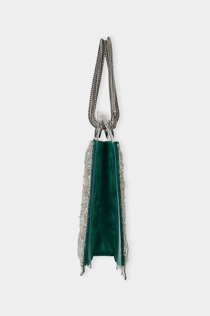Emerald Green Net Fabric Embroidered Structured Bag by Aanchal Sayal at Pernia's Pop Up Shop