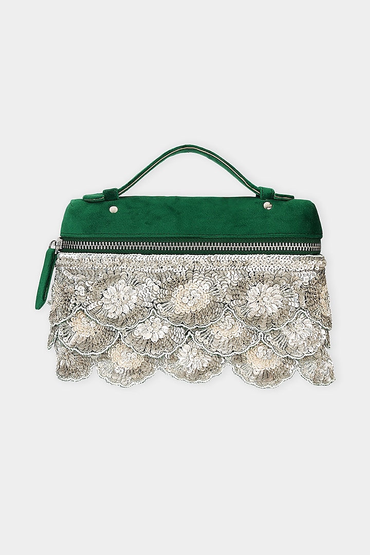 Green Suede Sequins Embroidered Pouch Bag by Aanchal Sayal at Pernia's Pop Up Shop