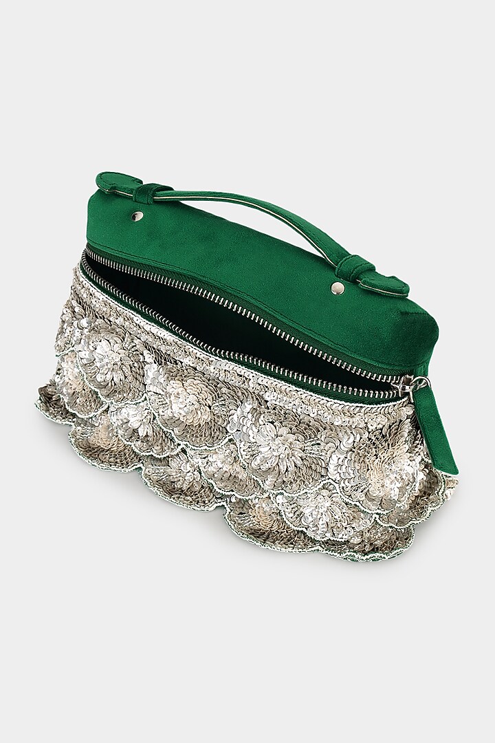 Green Suede Sequins Embroidered Pouch Bag by Aanchal Sayal at Pernia's Pop Up Shop