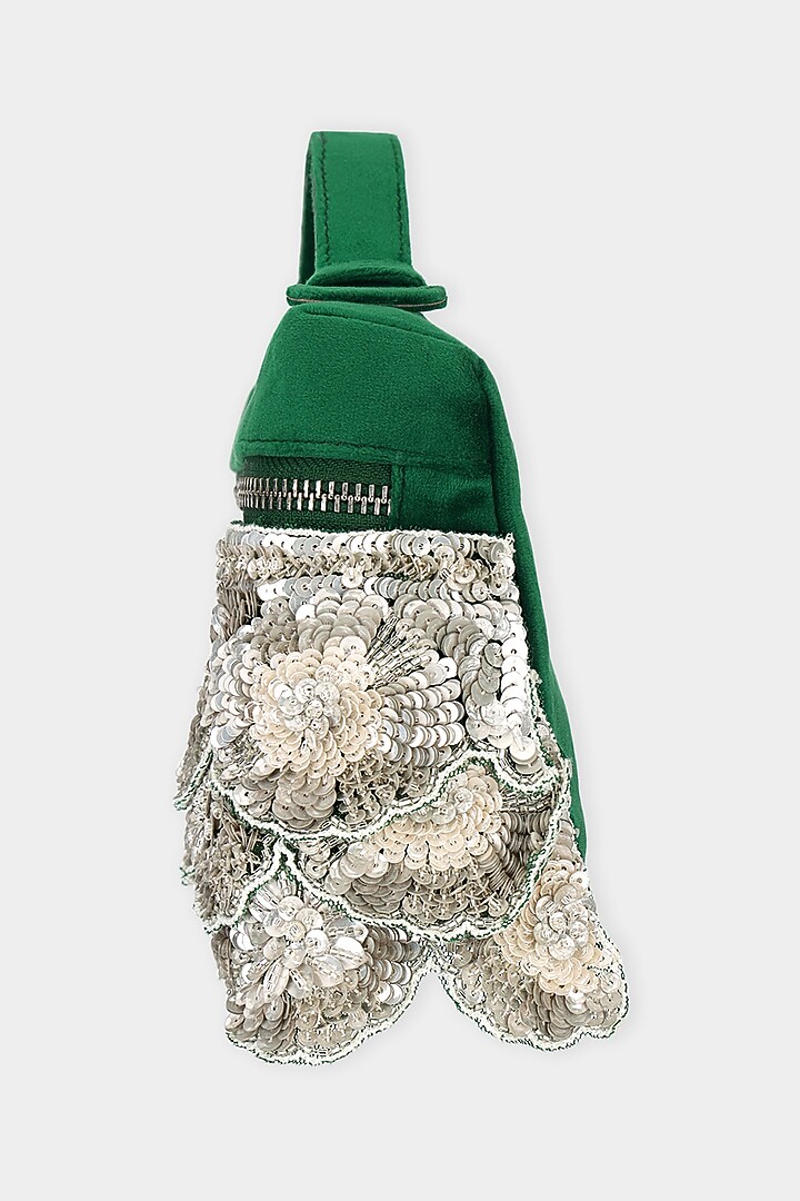 Green Suede Sequins Embroidered Pouch Bag by Aanchal Sayal at Pernia's Pop Up Shop