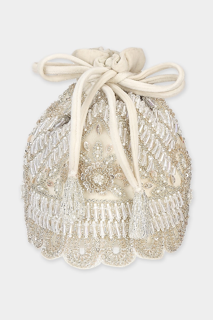 Ivory Velvet Crystal & Cutdana Embroidered Bucket Bag by Aanchal Sayal at Pernia's Pop Up Shop