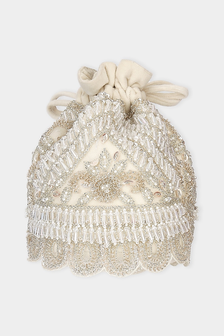 Ivory Velvet Crystal & Cutdana Embroidered Bucket Bag by Aanchal Sayal at Pernia's Pop Up Shop