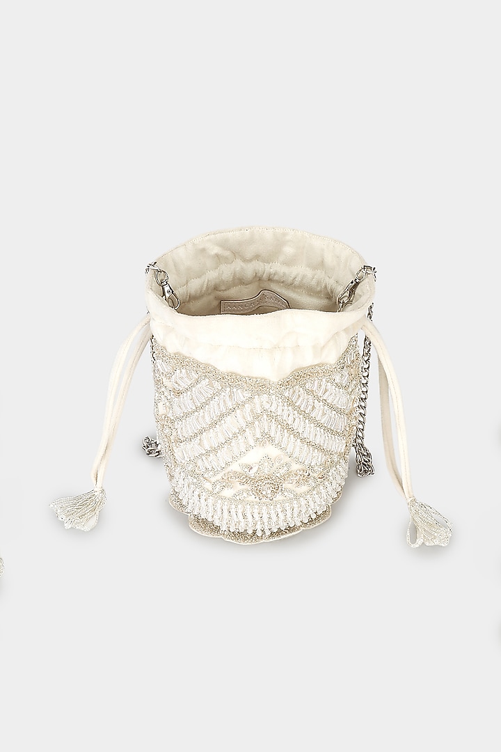 Ivory Velvet Crystal & Cutdana Embroidered Bucket Bag by Aanchal Sayal at Pernia's Pop Up Shop