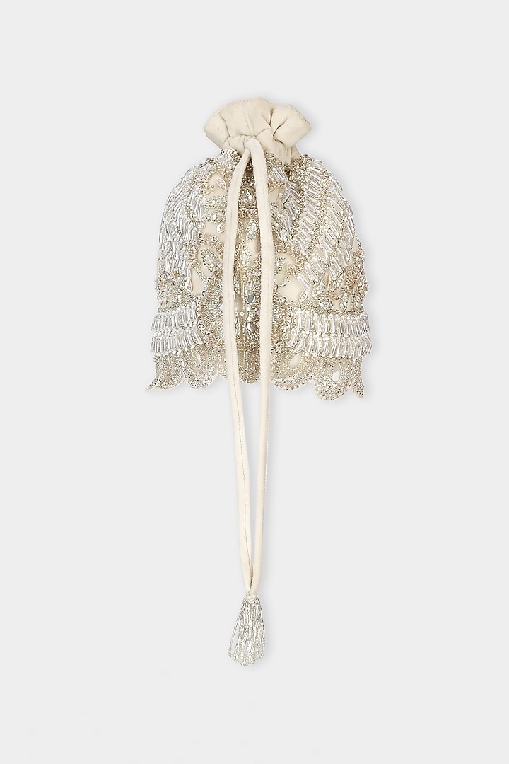Ivory Velvet Crystal & Cutdana Embroidered Bucket Bag by Aanchal Sayal at Pernia's Pop Up Shop