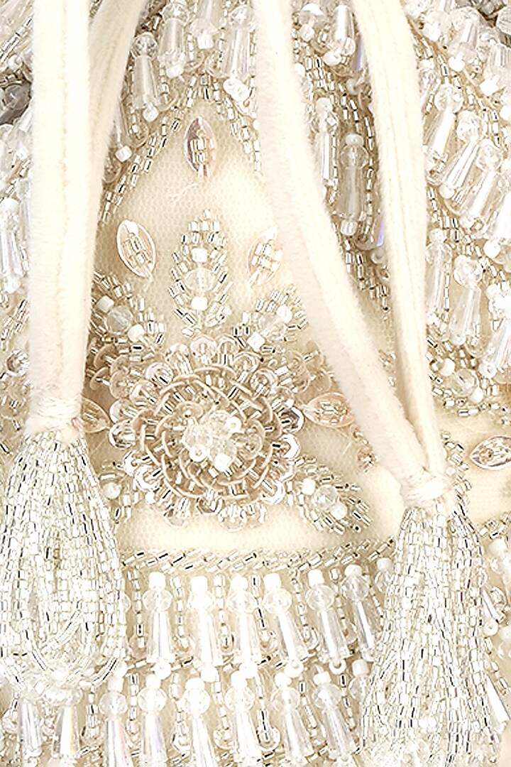 Ivory Velvet Crystal & Cutdana Embroidered Bucket Bag by Aanchal Sayal at Pernia's Pop Up Shop