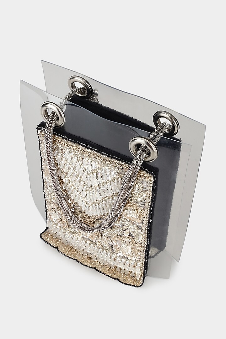 Black Net Fabric Embroidered Structured Bag by Aanchal Sayal at Pernia's Pop Up Shop