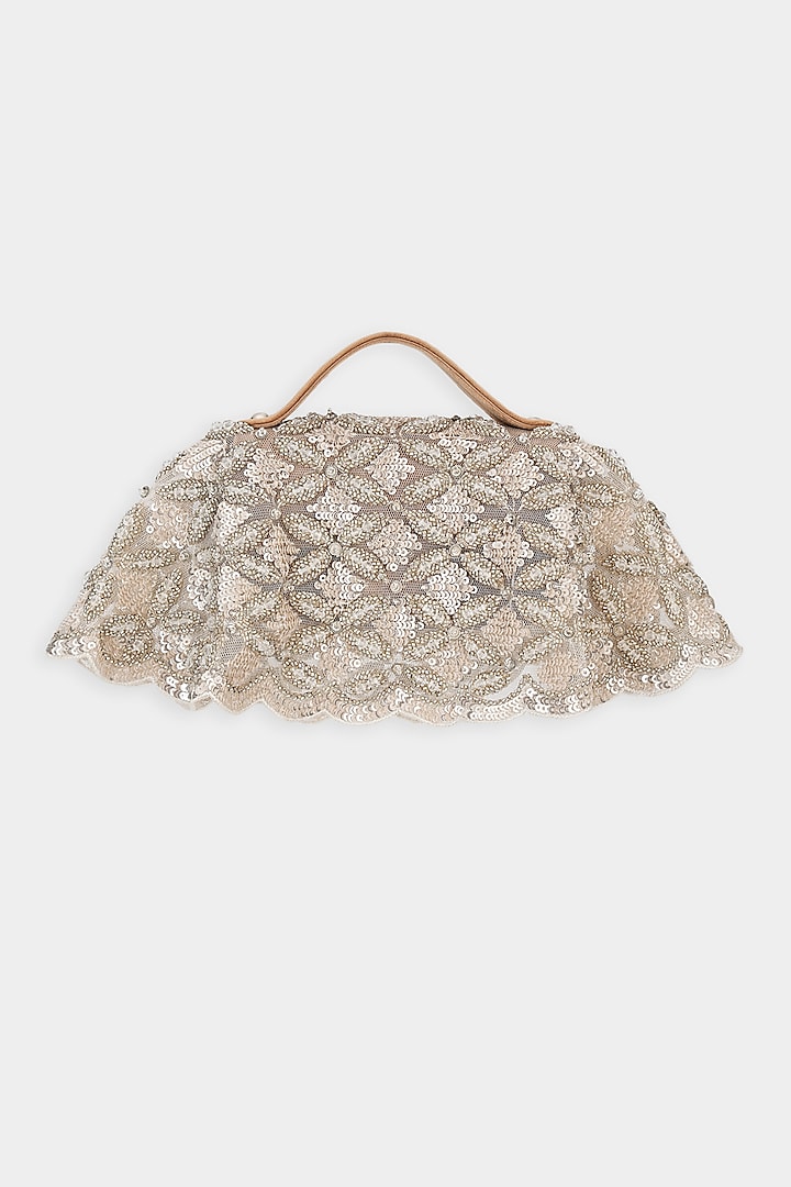 Champagne Net Fabric Cutdana Embroidered Structured Bag by Aanchal Sayal at Pernia's Pop Up Shop