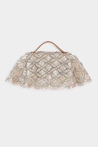 Champagne Net Fabric Cutdana Embroidered Structured Bag by Aanchal Sayal