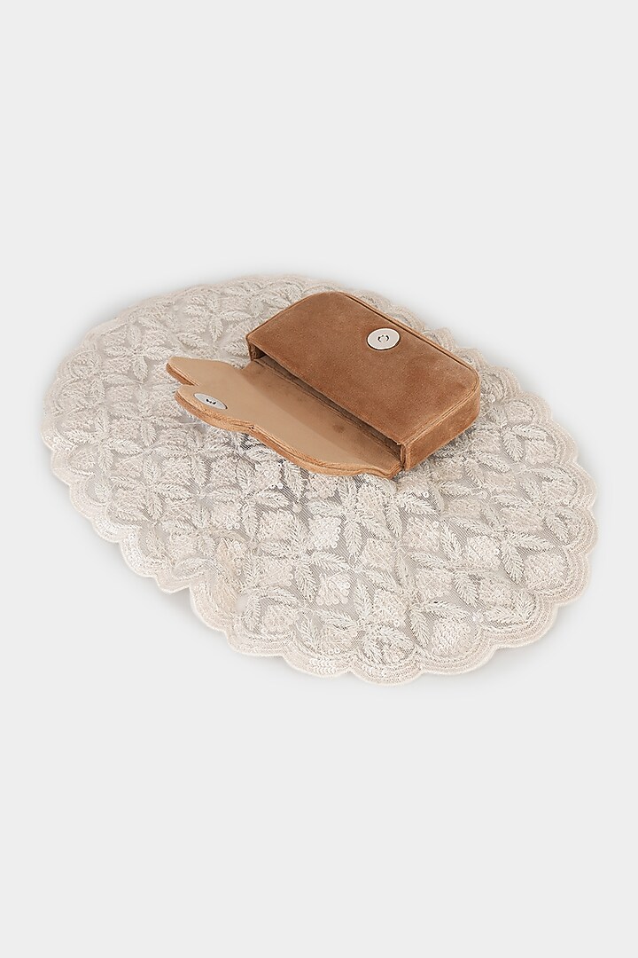 Champagne Net Fabric Cutdana Embroidered Structured Bag by Aanchal Sayal at Pernia's Pop Up Shop