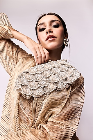 Silver Net Fabric Cutdana & Sequins Embroidered Structured Bag by Aanchal Sayal