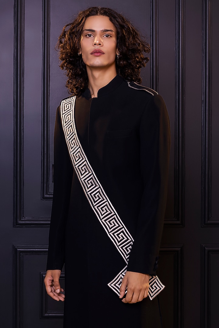Black Osaka Wedding Sherwani Set by World of Asra Men at Pernia's Pop Up Shop