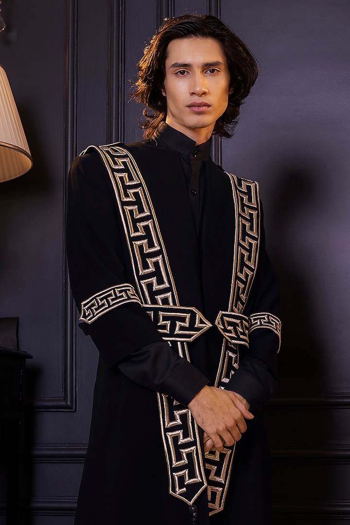 Black Osaka Groom Sherwani Set by World of Asra Men at Pernia's Pop Up Shop