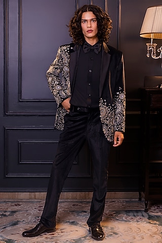 Black Velvet Geometric Machine Embroidered Tuxedo Set by World of Asra Men