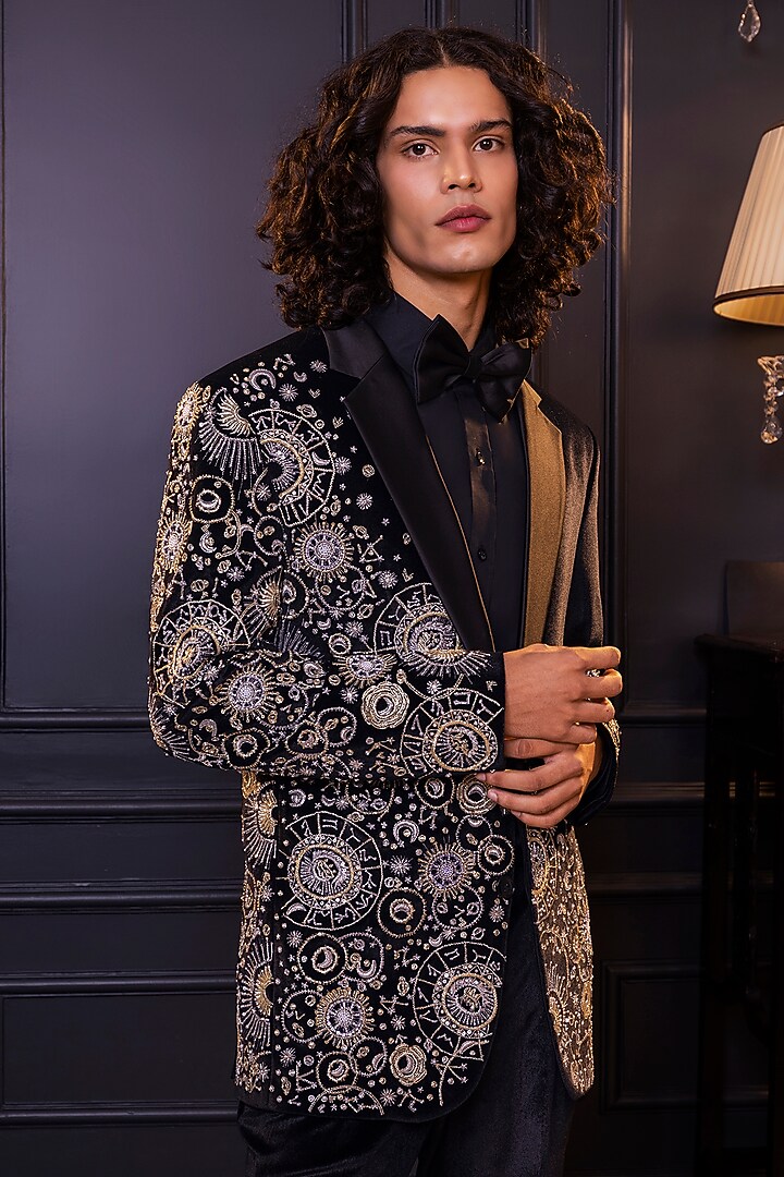 Black Velvet Geometric Machine Embroidered Tuxedo Set by World of Asra Men at Pernia's Pop Up Shop