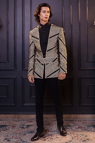 Black Osaka Geometric Machine Embroidered Jacket Set by World of Asra Men