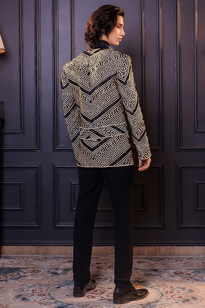 Black Osaka Geometric Machine Embroidered Jacket Set by World of Asra Men at Pernia's Pop Up Shop
