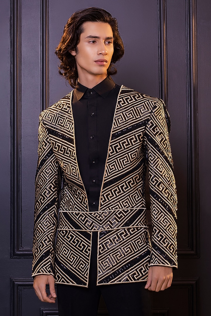 Black Osaka Geometric Machine Embroidered Jacket Set by World of Asra Men at Pernia's Pop Up Shop