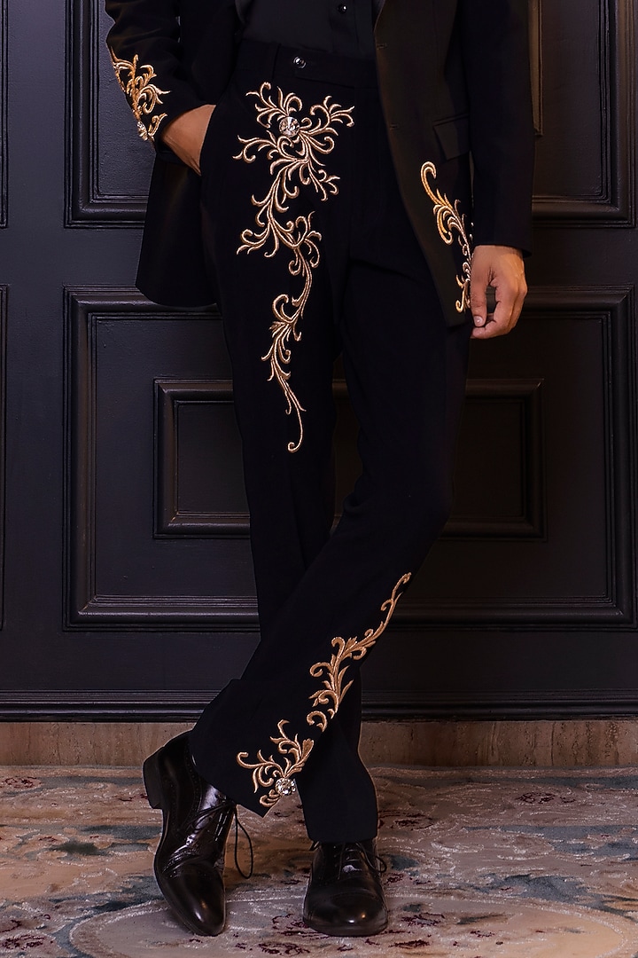 Black Osaka Machine Embroidered Blazer Set by World of Asra Men at Pernia's Pop Up Shop