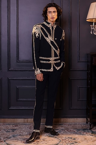 Black Osaka Machine Embroidered Jacket Set by World of Asra Men