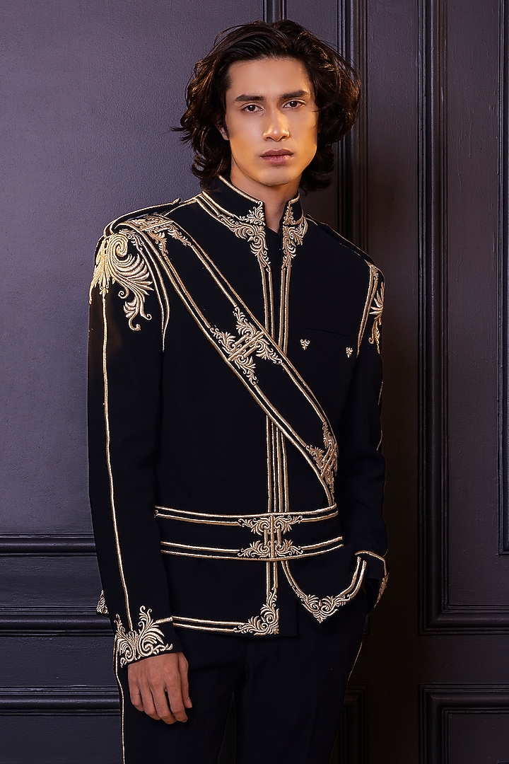 Black Osaka Machine Embroidered Jacket Set by World of Asra Men at Pernia's Pop Up Shop