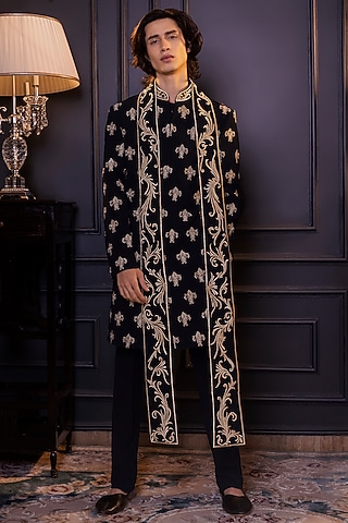 Black Osaka Machine Embroidered Sherwani Set by World of Asra Men