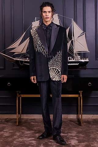 Black Velvet Hand & Machine Embroidered Tuxedo Set by World of Asra Men