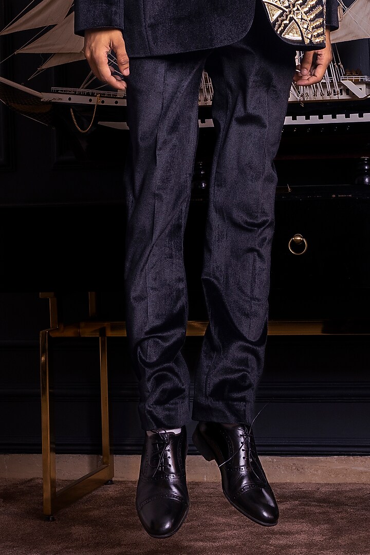 Black Velvet Hand & Machine Embroidered Tuxedo Set by World of Asra Men at Pernia's Pop Up Shop