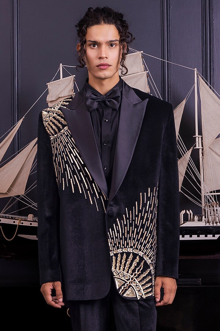 Black Velvet Hand & Machine Embroidered Tuxedo Set by World of Asra Men at Pernia's Pop Up Shop