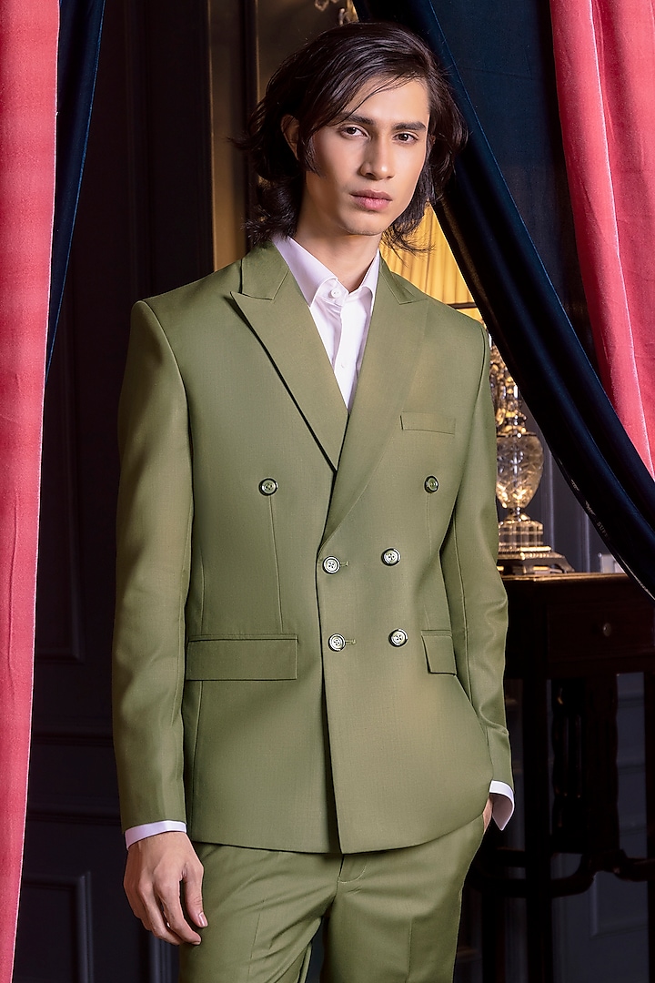 Green Suiting Fabric Double-Breasted Blazer Set by World of Asra Men at Pernia's Pop Up Shop
