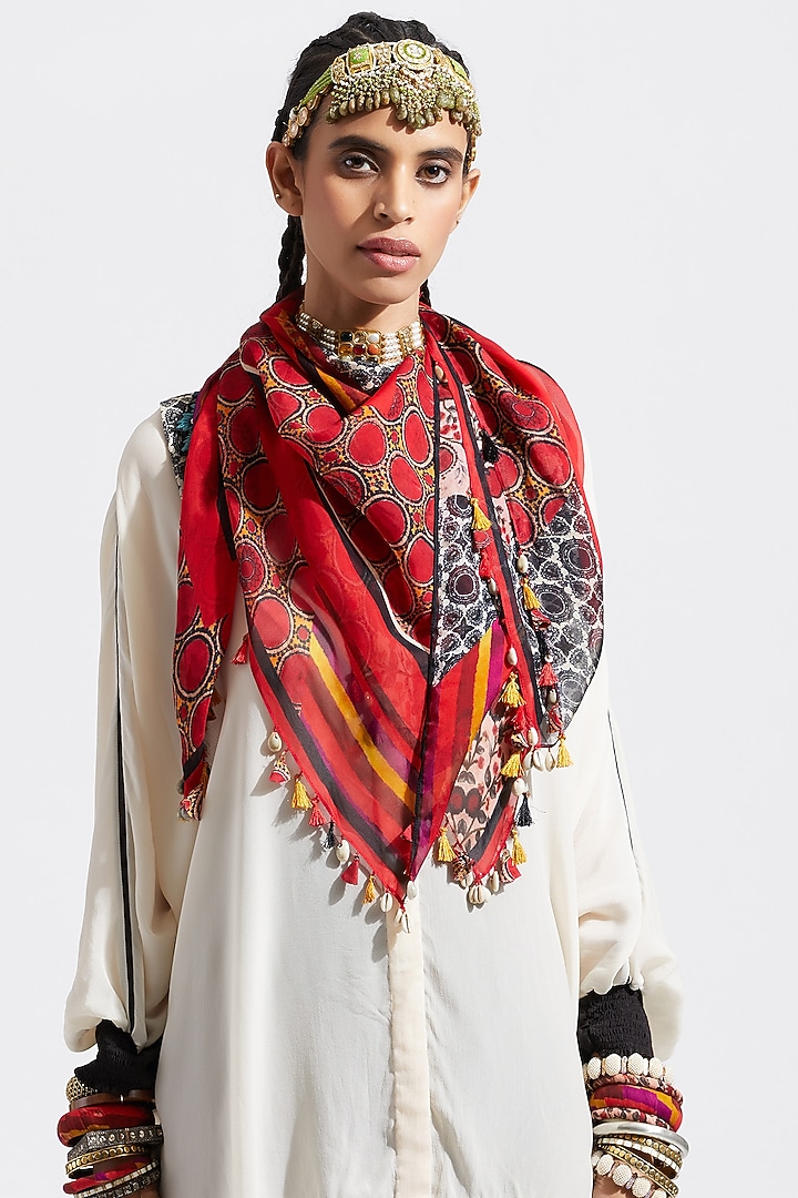 Sindoor Printed Scarf With Tassels by ASEEM KAPOOR at Pernia's Pop Up Shop