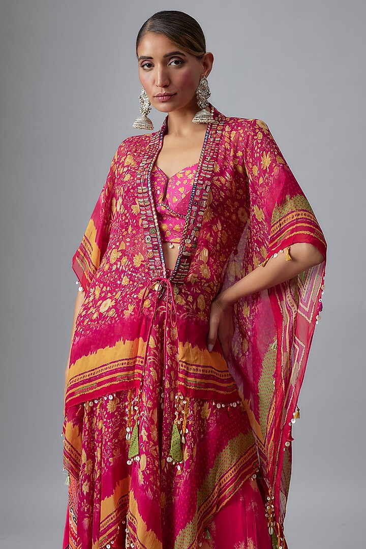 Pink Sheer Silk Printed & Embroidered Jacket Set by ASEEM KAPOOR at Pernia's Pop Up Shop