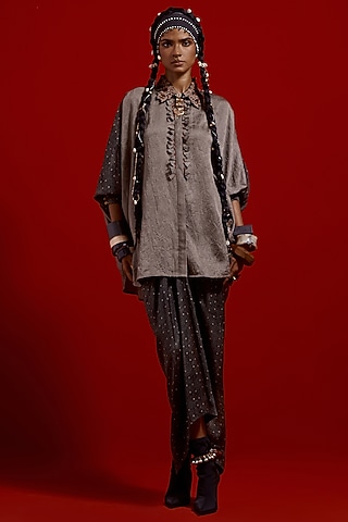 Ash Grey Tussar Silk Embroidered Shirt by ASEEM KAPOOR