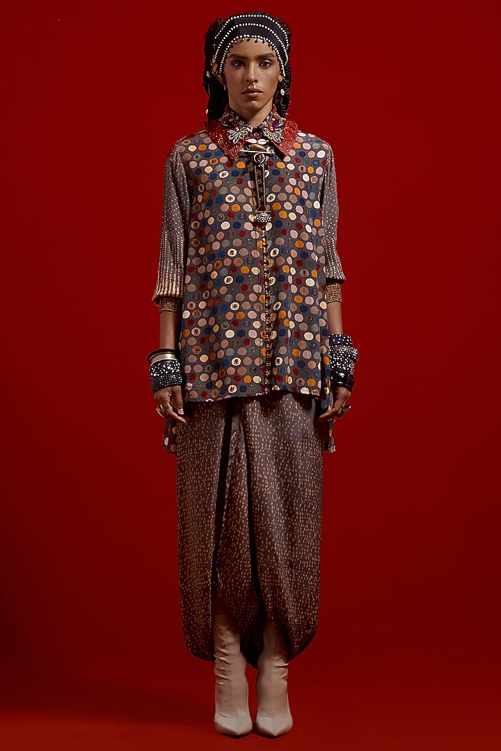 Multi-Colored Italian Crepe Embroidered & Polka Printed Shirt by ASEEM KAPOOR at Pernia's Pop Up Shop