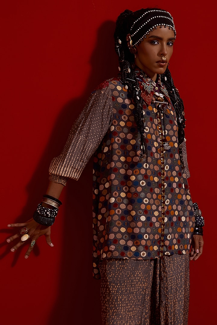 Multi-Colored Italian Crepe Embroidered & Polka Printed Shirt by ASEEM KAPOOR at Pernia's Pop Up Shop