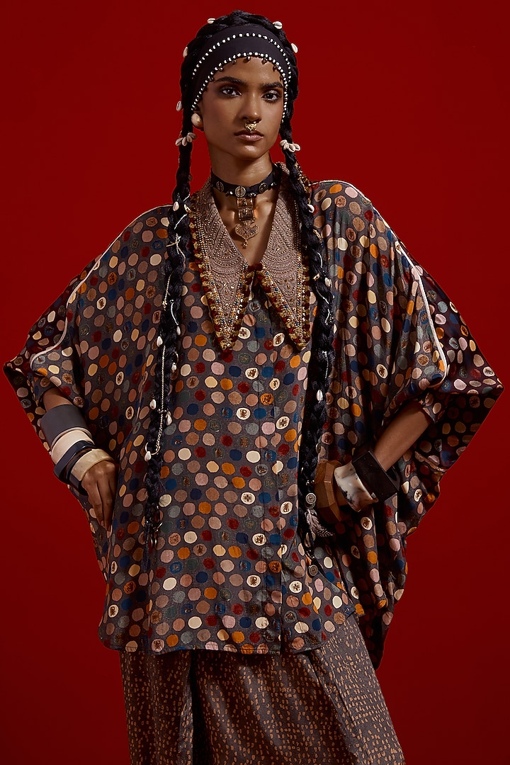 Multi-Colored Italian Crepe Embroidered & Polka Printed Shirt by ASEEM KAPOOR at Pernia's Pop Up Shop