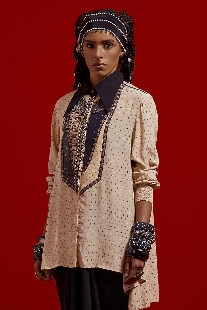 Mogra White & Surmai Colored Italian Crepe Printed Shirt by ASEEM KAPOOR at Pernia's Pop Up Shop