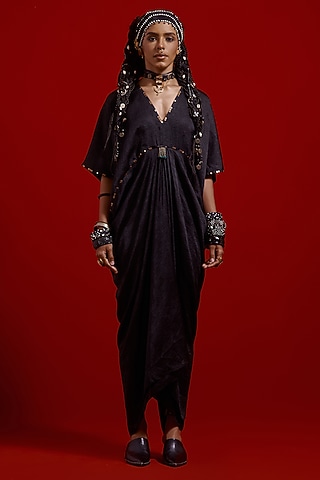 Surmai Colored Tussar Silk Embroidered Draped Dress by ASEEM KAPOOR