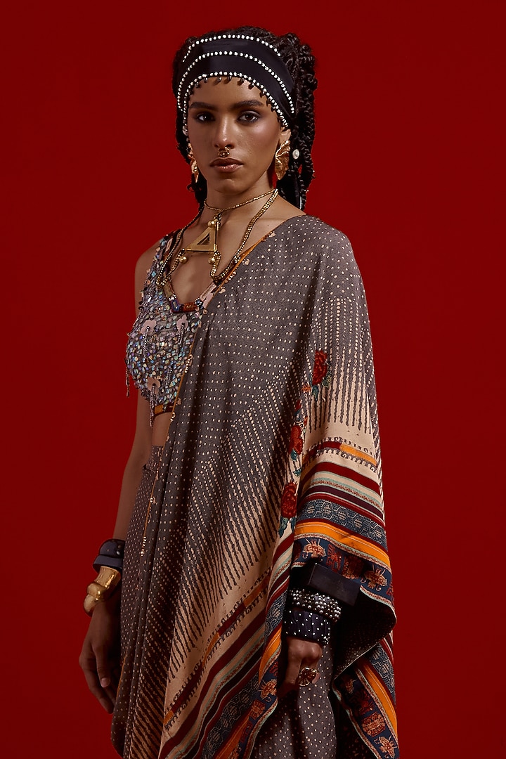 Surmai & Mogra Colored Italian Crepe Printed Draped Wedding Saree Set by ASEEM KAPOOR at Pernia's Pop Up Shop